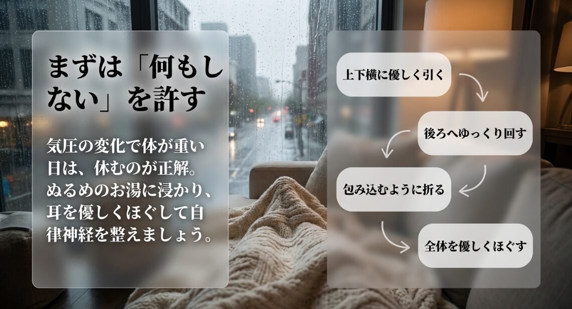 気圧の変化で体が重い日は休むのが正解。耳を上下横に優しく引くなど、自律神経を整えるマッサージのやり方