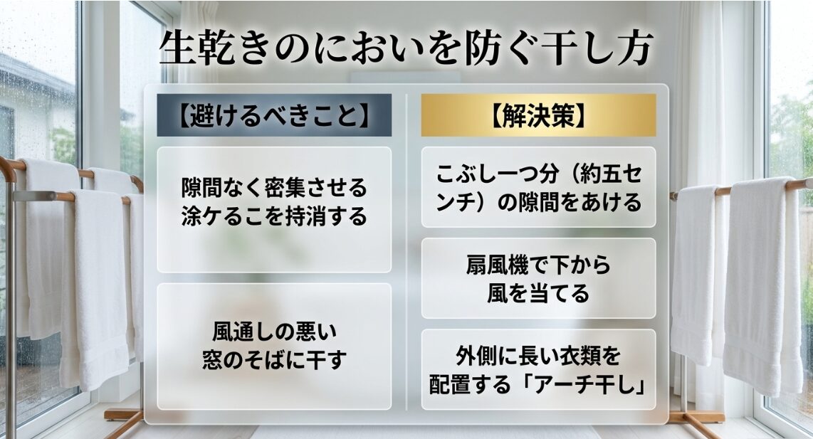 生乾きのにおいを防ぐ干し方。密集させる干し方を避け、こぶし一つ分の隙間をあけたり、外側に長い衣類を配置するアーチ干しなどの解決策。