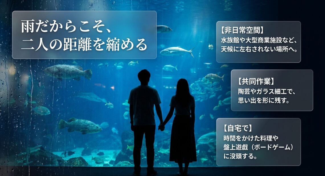 雨だからこそ二人の距離を縮めるデート。水族館や大型商業施設、陶芸などの共同作業、時間をかけた料理やボードゲームなどの提案。