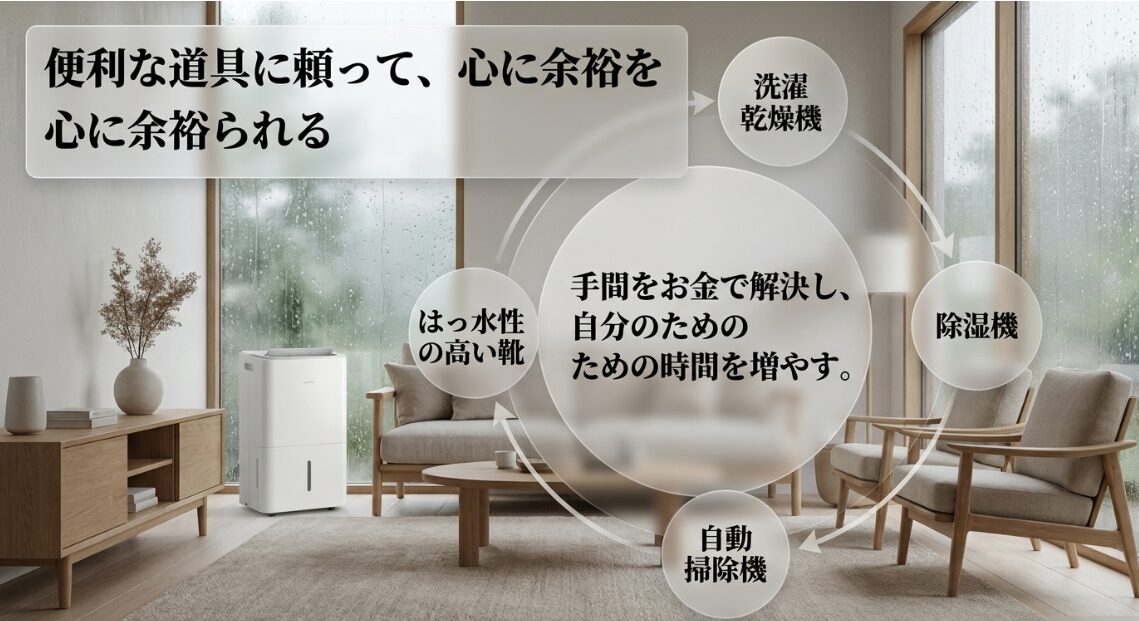 便利な道具に頼って心に余裕を。洗濯乾燥機、はっ水性の高い靴、除湿機、自動掃除機を活用して自分のための時間を増やす。