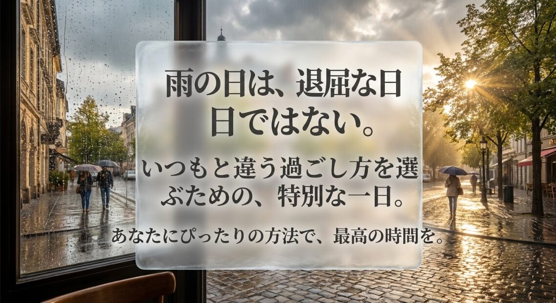 雨の日は退屈な日ではない。いつもと違う過ごし方を選ぶための特別な一日。あなたにぴったりの方法で最高の時間を。