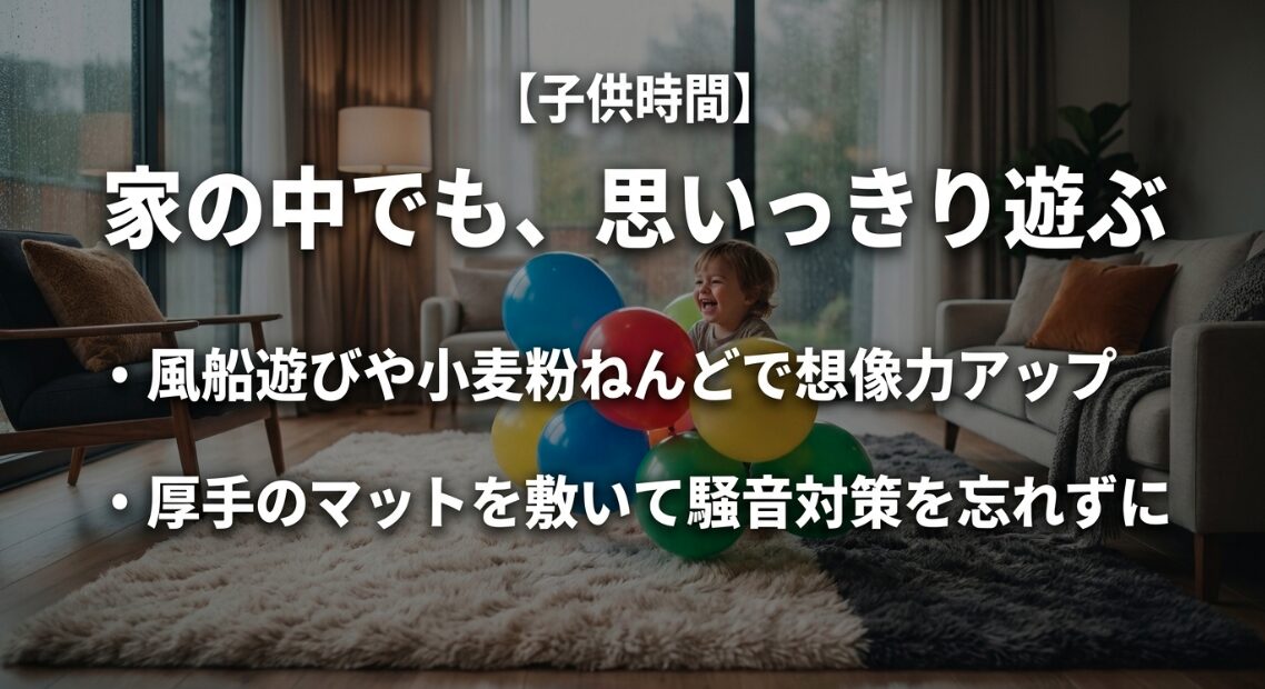 家の中でも思いっきり遊ぶ子供時間。風船遊びや小麦粉ねんどで想像力を高め、厚手のマットで騒音対策をする