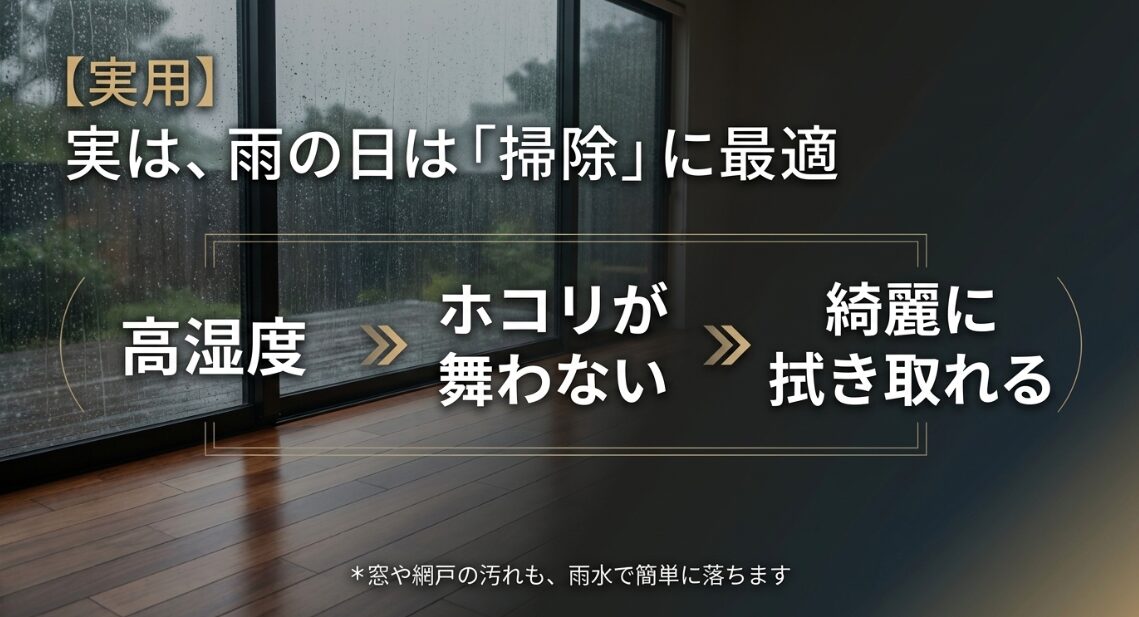 実は雨の日は掃除に最適。高湿度でホコリが舞わず綺麗に拭き取れ、窓や網戸の汚れも雨水で簡単に落ちる