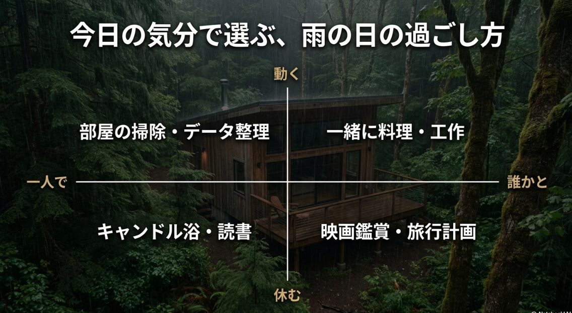 今日の気分で選ぶ、雨の日の過ごし方。動くか休むか、一人か誰かと過ごすかで選ぶアイデア一覧